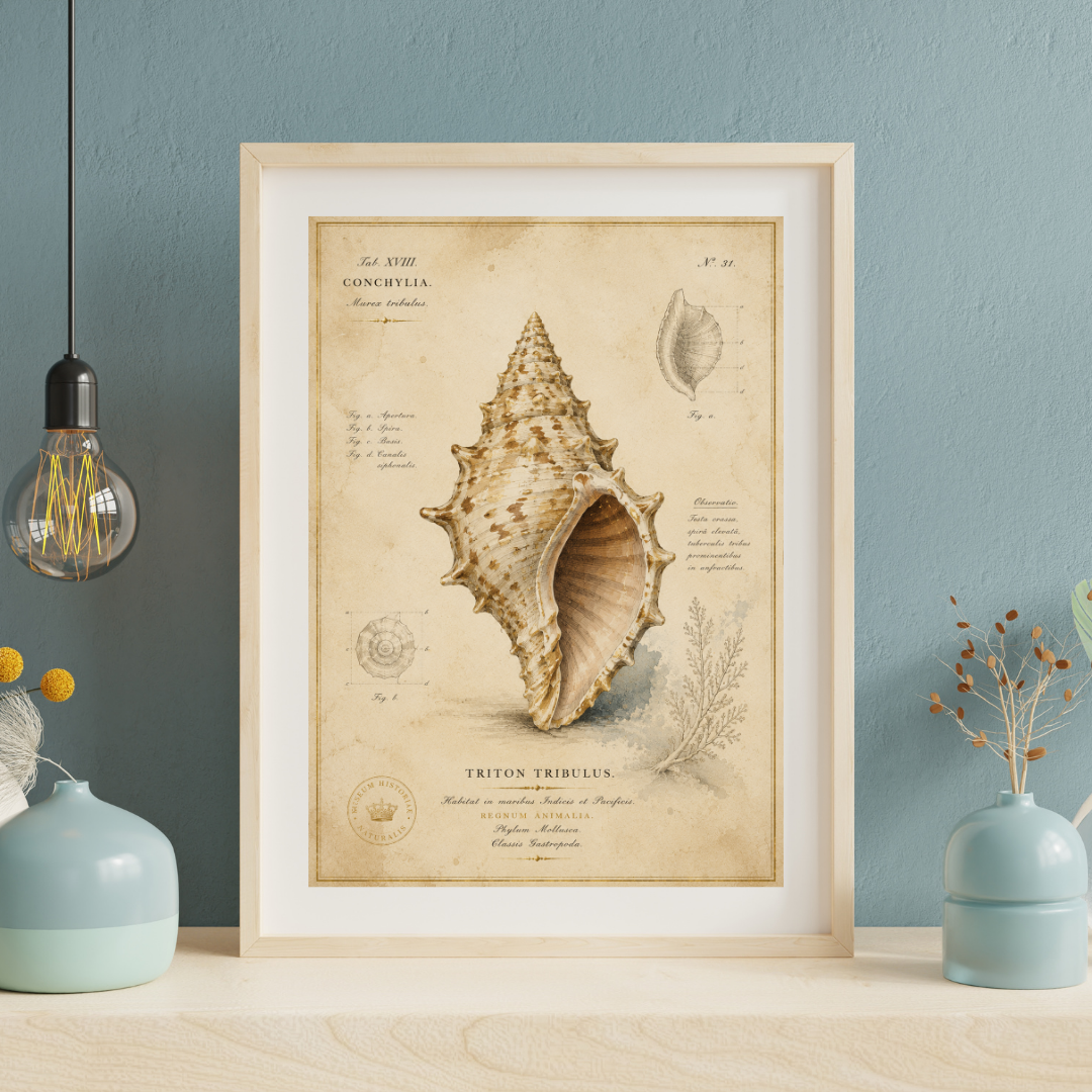 Printable vintage coastal wall art with Nautilus, Sea Fan Coral, and Vintage Seashell illustrations for coastal home décor and gallery walls.