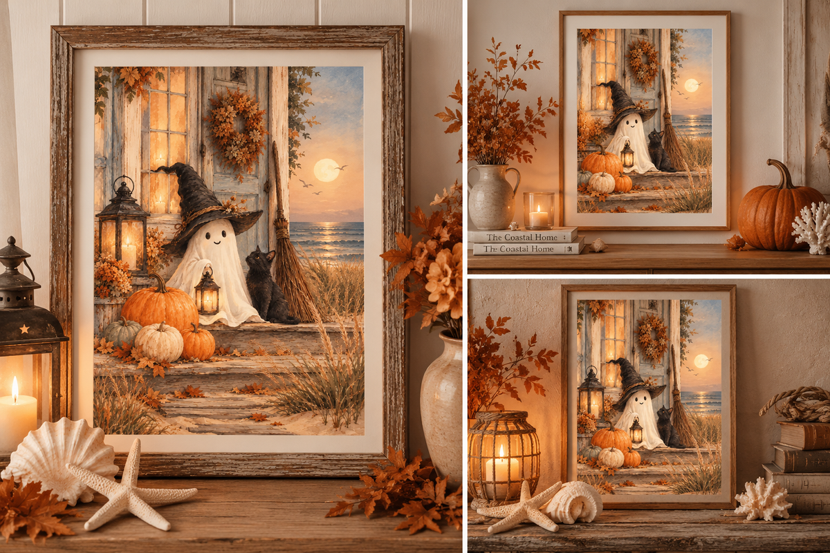 Digitales Halloween Poster im Coastal Stil auf einer herbstlich dekorierten Holzkommode mit Muscheln, Kerzen und Kürbissen