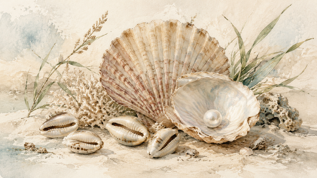 Jakobsmuschel, Kaurimuscheln und Perle als nostalgische Aquarellillustration in sanften maritimen Farben