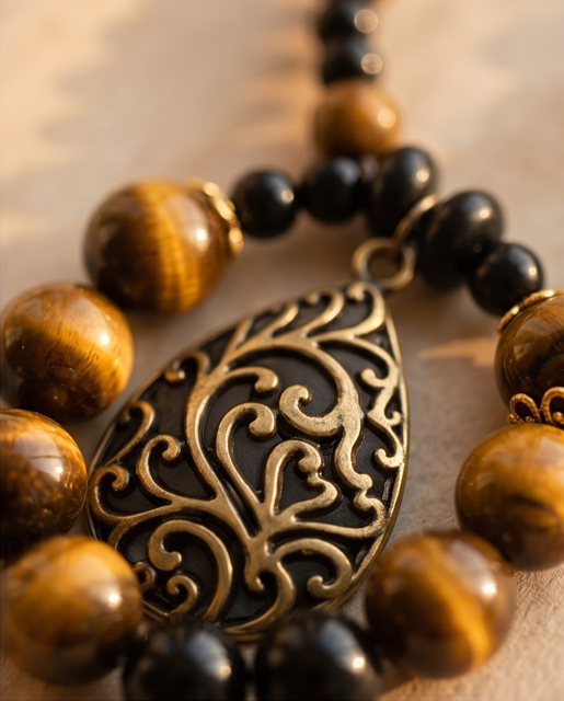 Nahaufnahme einer Tigerauge-Kette mit goldbraunen Perlen, schwarzen Akzentperlen und ornamentiertem Anhänger