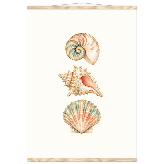 Drei sanft gemalte Muscheln auf warmem elfenbeinfarbenem Hintergrund als maritimes Wandbild mit magnetischen Holzleisten.