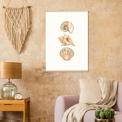 Coastal wall art featuring three seashells displayed in a bright living room.