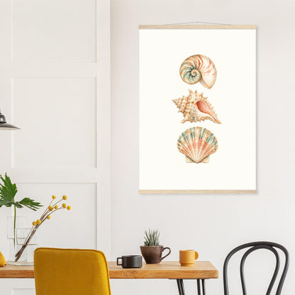 1. AI-assisted seashell artwork with three natural shell illustrations and magnetic wooden rails.