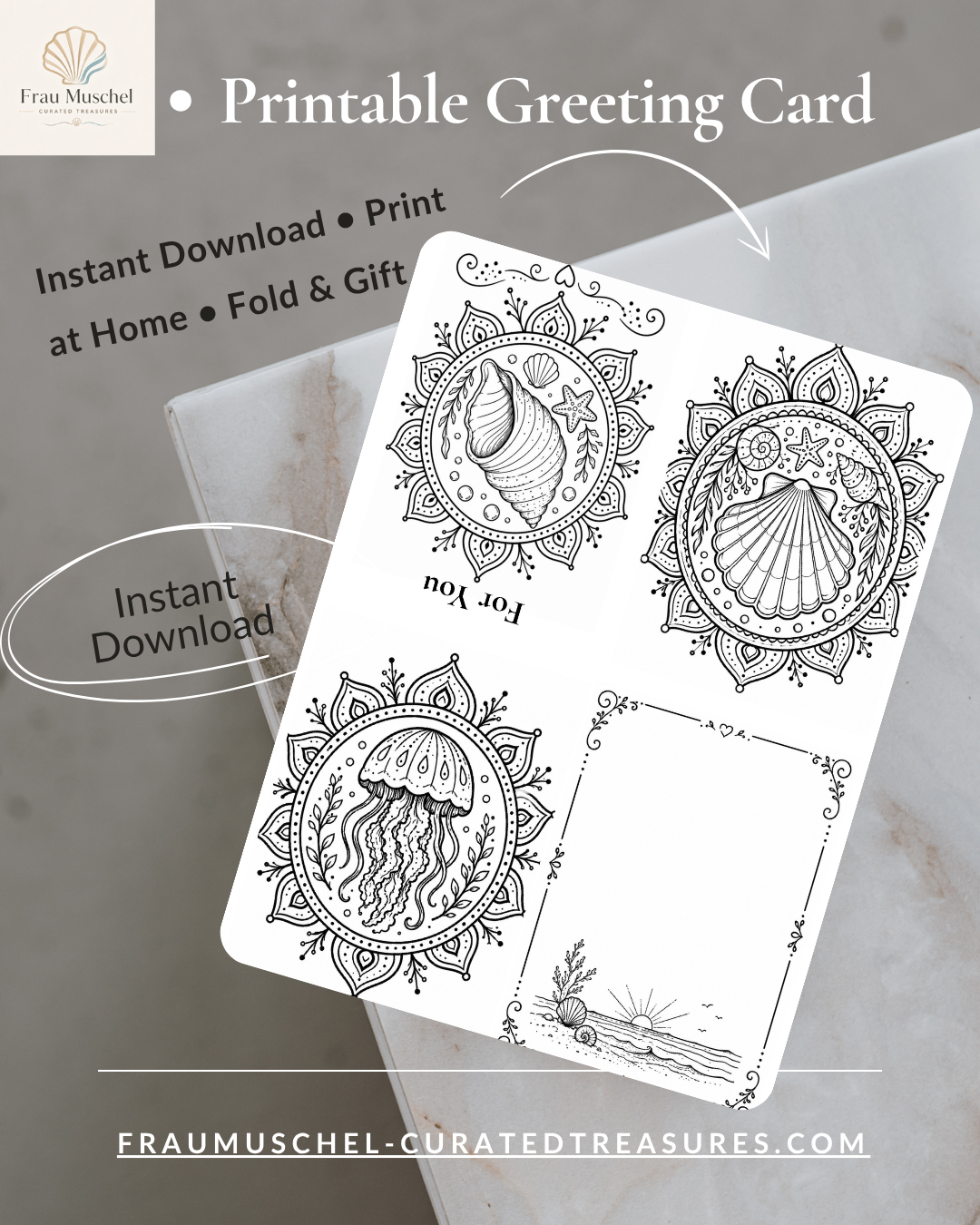 Vier maritime Mandalas mit Muschel, Qualle und Meeresmotiven zum Ausmalen auf einer faltbaren Grußkarte.