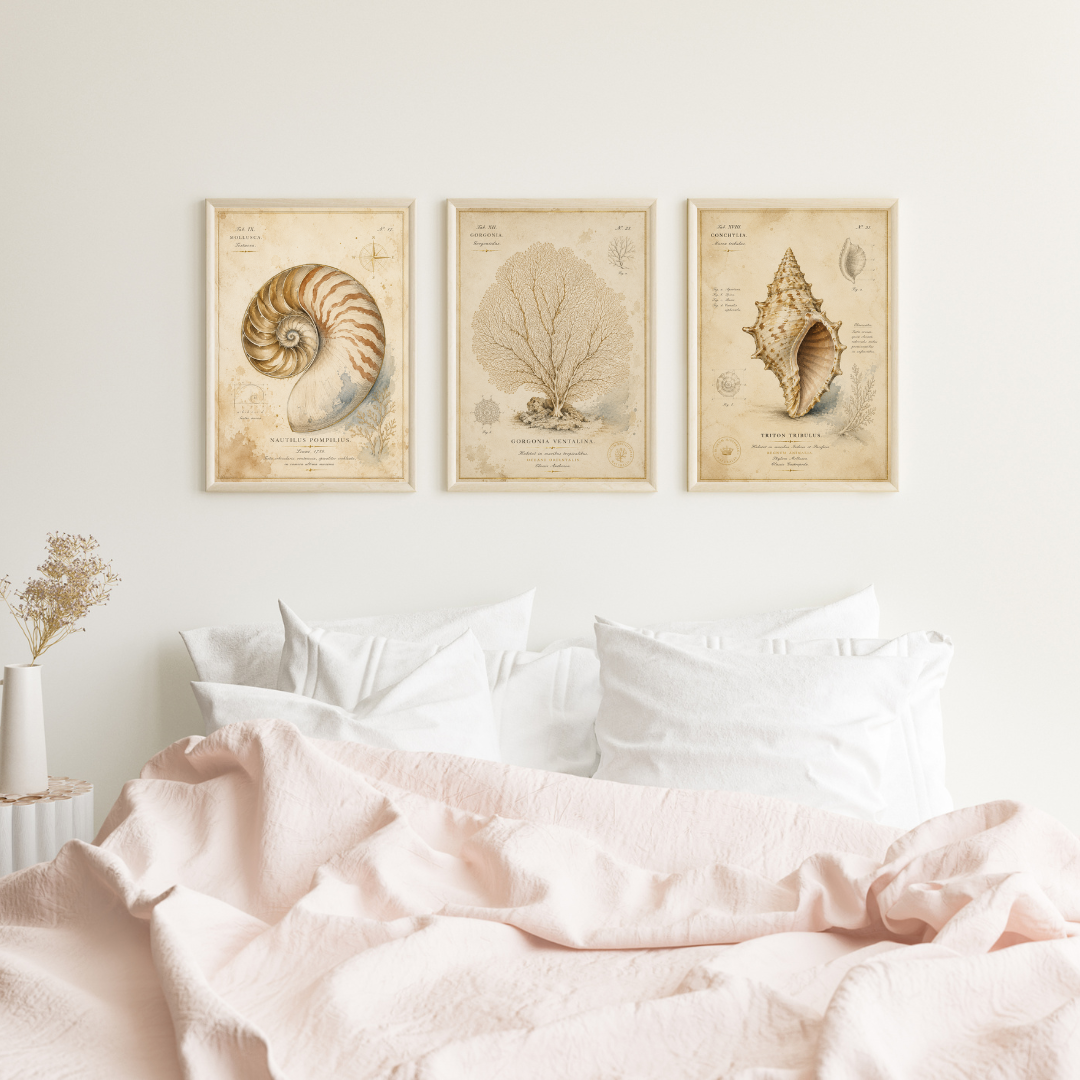 Vintage maritime Poster mit Nautilus, Seefächer-Koralle und Muschel im historischen Naturkundestil als digitaler Download für Coastal Wall Art.