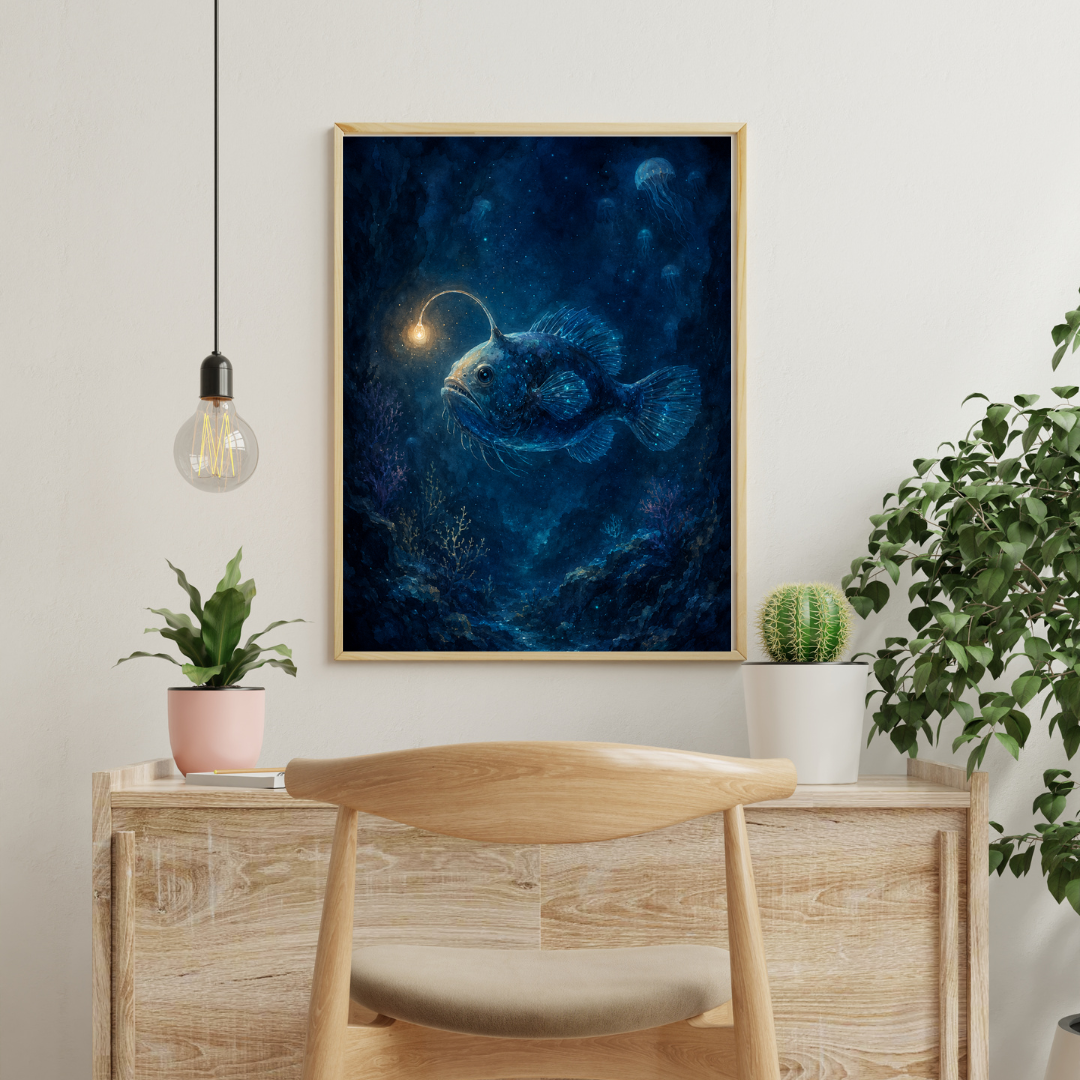 Deep-sea anglerfish poster in a wooden frame displayed in a bright coastal interior with a seashell and navy blue throw