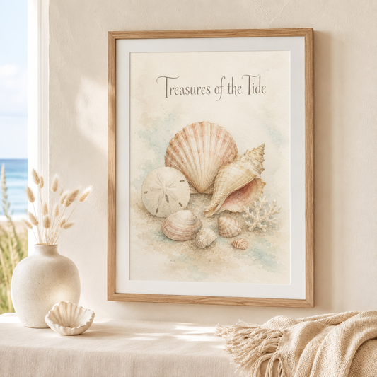 Gerahmtes Muschelposter Treasures of the Tide im hellen Coastal-Wohnraum mit natürlicher maritimer Dekoration