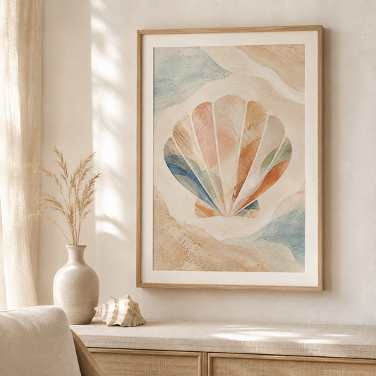 Abstraktes Muschelposter in sanften Küstenfarben als gerahmte Wanddekoration im hellen Coastal-Wohnraum