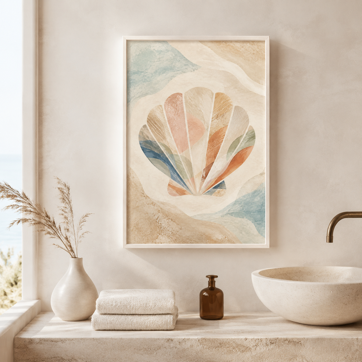 Abstract seashell poster in soft coastal colors displayed as framed wall art in a bright coastal-style bathroom