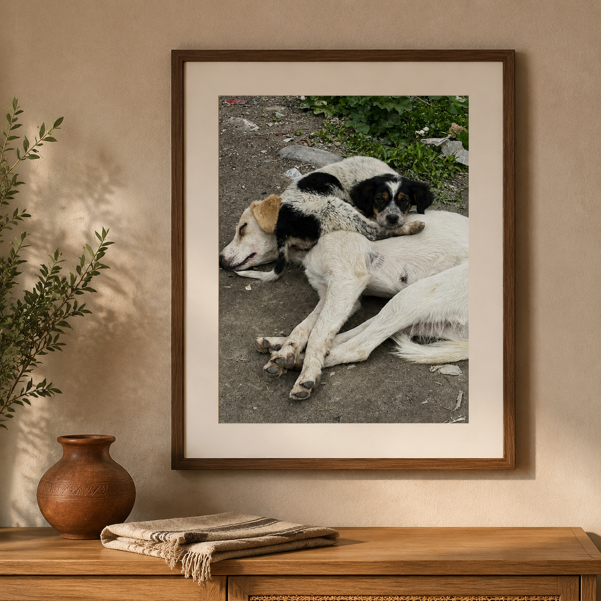 Gerahmtes Fotoposter einer Hundemutter mit Welpe aus Indien in einer warmen, natürlichen Wohnszene