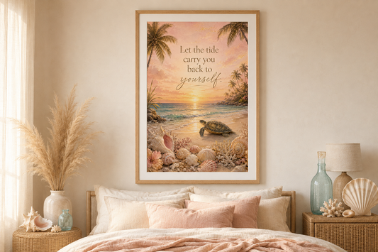 Digitales Coastal-Poster mit Meeresschildkröte, Muscheln, Palmen und tropischem Sonnenuntergang