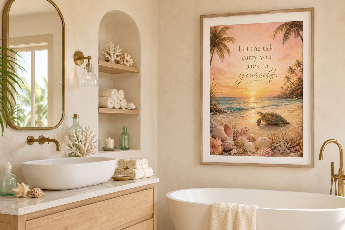 Digital coastal poster featuring a sea turtle, seashells, palm trees and a tropical sunset