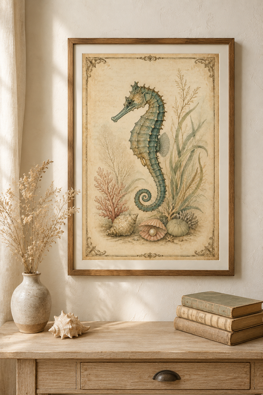 Digitales Vintage-Poster mit grün-blauem Seepferdchen, Korallen, Seegras, Muscheln und verborgener Perle auf nostalgischem Pergamenthintergrund