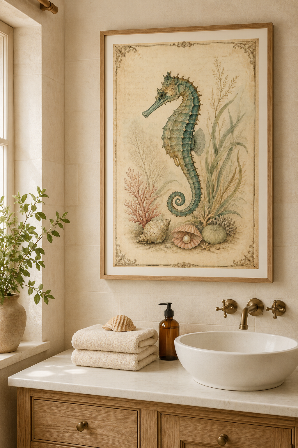 Digital vintage poster featuring a blue-green seahorse, coral, seagrass, seashells, and a hidden pearl on a nostalgic parchment background