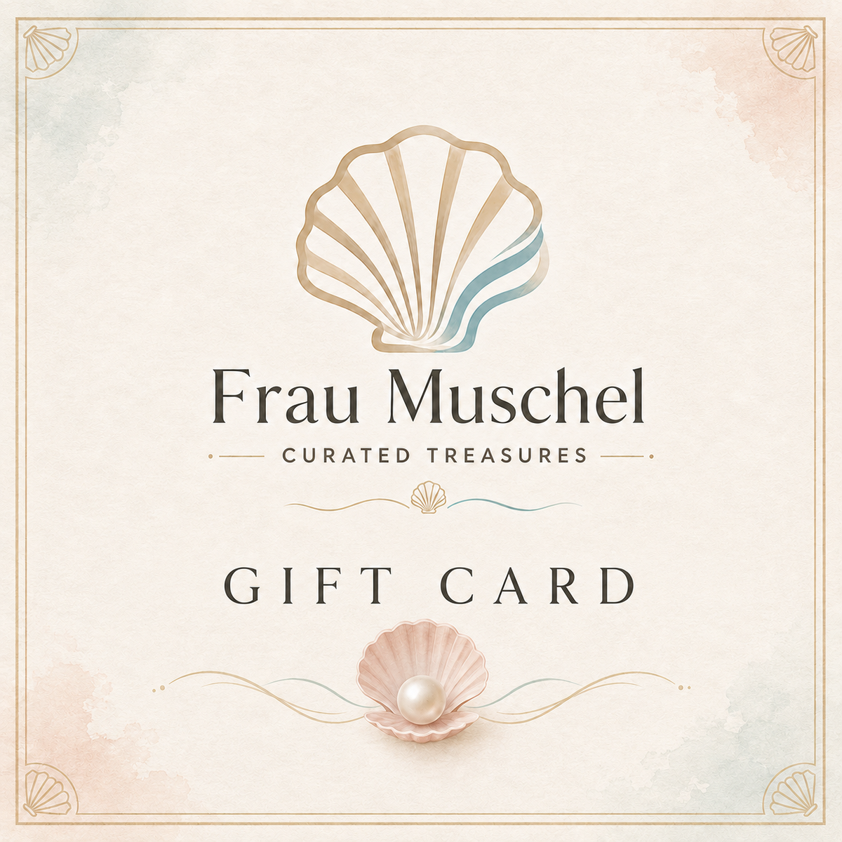 Digitaler Geschenkgutschein von Frau Muschel – Curated Treasures mit Muschellogo, roséfarbener Perlenmuschel und eleganten maritimen Verzierungen