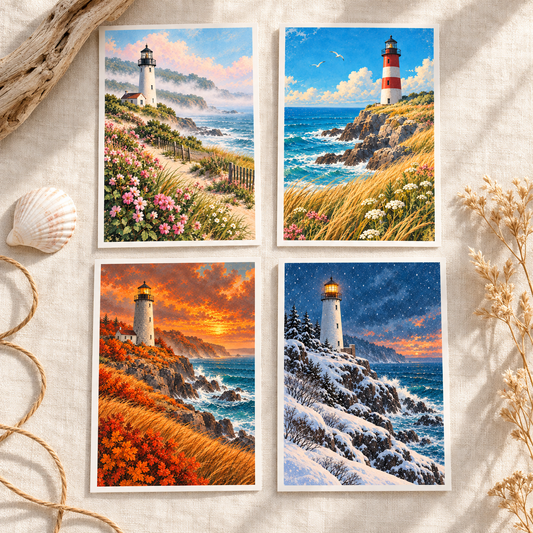 Vier Leuchtturm-Postkarten für Frühling, Sommer, Herbst und Winter auf hellem Leinen arrangiert