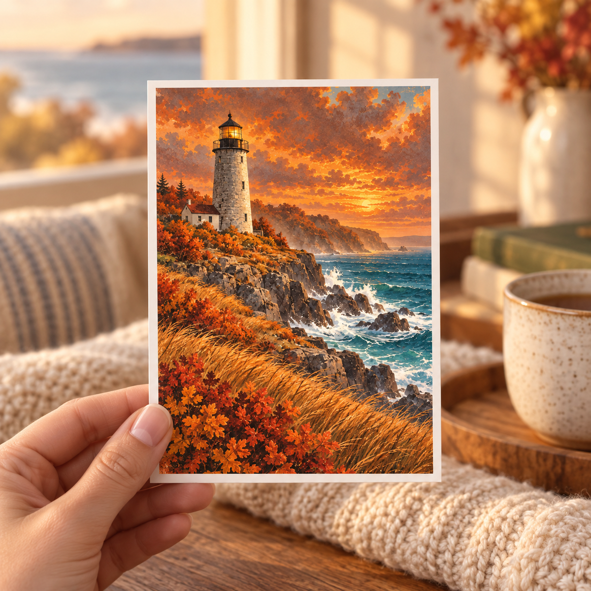 Vintage-style autumn lighthouse postcard held by hand in a cozy coastal setting