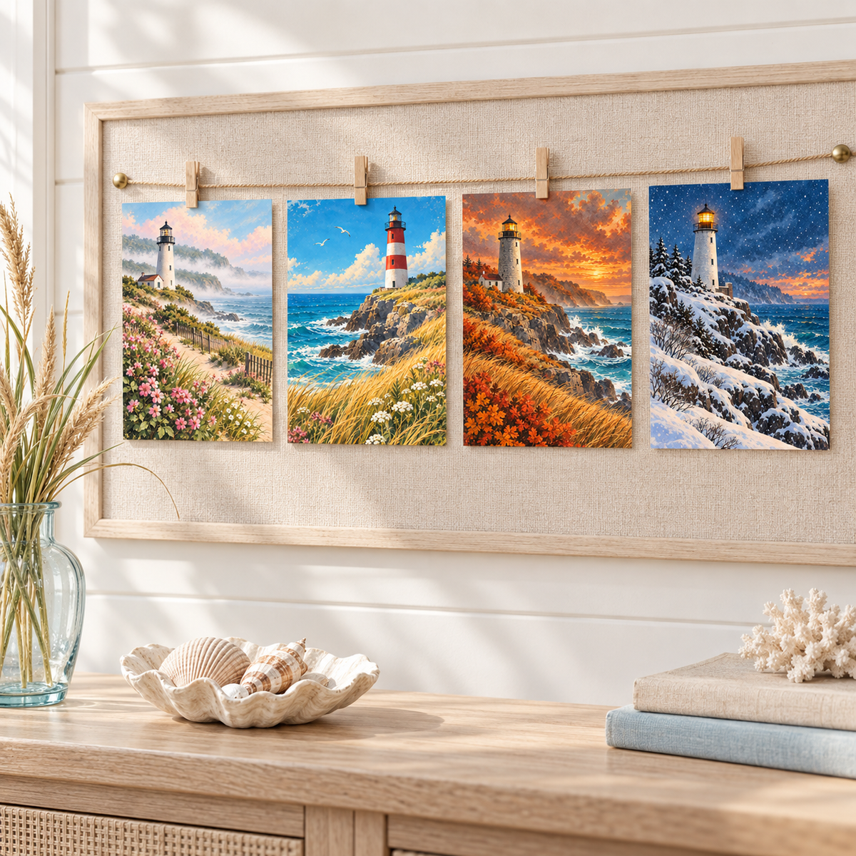 Four seasonal lighthouse postcards displayed as coastal wall decor in a bright seaside interior