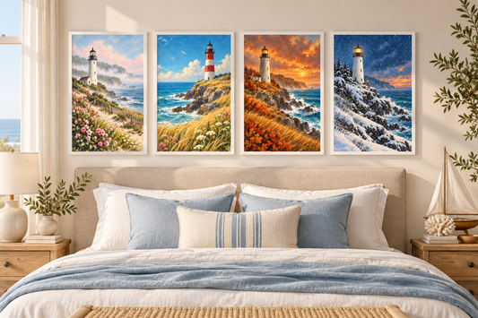 Vier maritime Leuchtturm-Wandbilder für Frühling, Sommer, Herbst und Winter in einem hellen Wohnzimmer mit Naturholzrahmen.