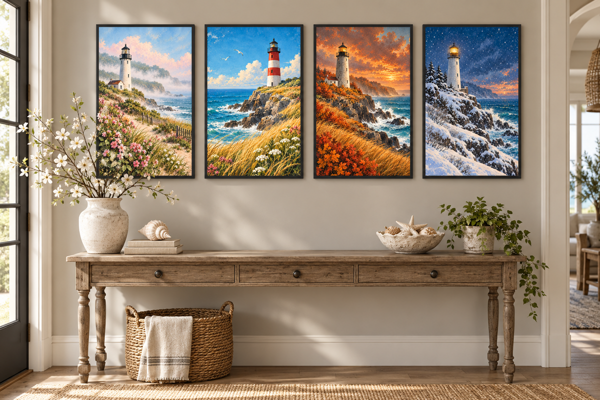 Set of four seasonal lighthouse prints displayed in white frames above a cozy coastal-style bed with soft blue and neutral decor.