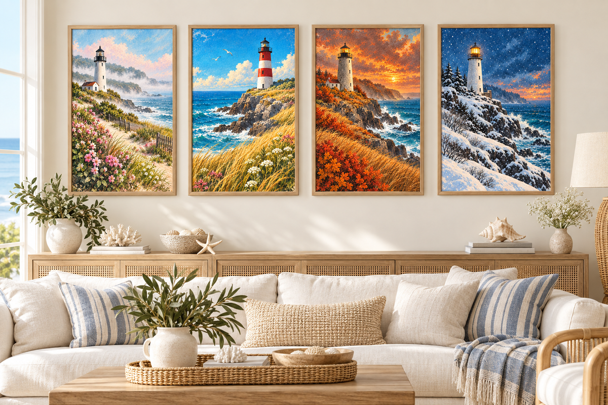 Four vintage-style lighthouse wall art prints featuring spring, summer, autumn, and winter above an elegant coastal entryway table.
