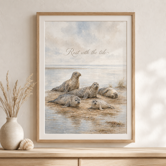 Gerahmtes Robben-Poster „Rest with the Tide“ im Aquarellstil als maritime Wanddekoration