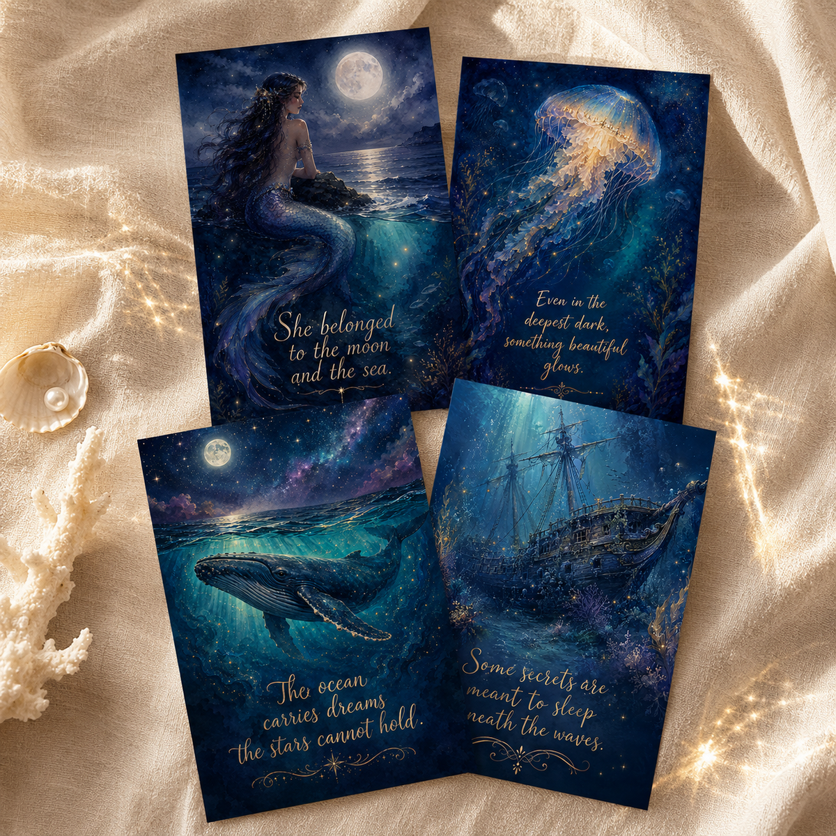 Vier mystische Meerespostkarten mit Meerjungfrau, Qualle, Wal und Schiffswrack als digitaler Download