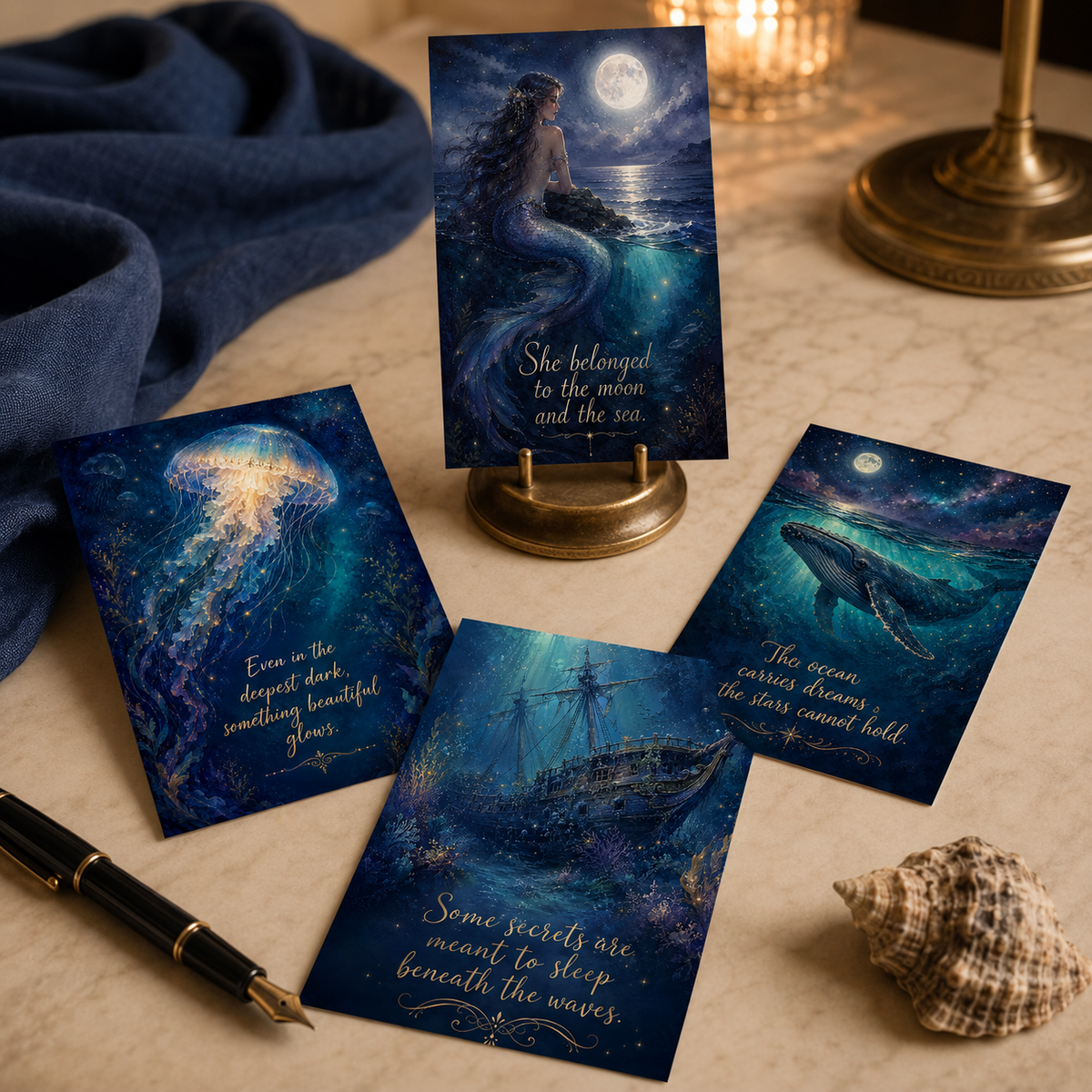 Whispers of the Deep Postkarten-Set auf einem eleganten Schreibtisch mit maritimen Motiven in Blau und Gold