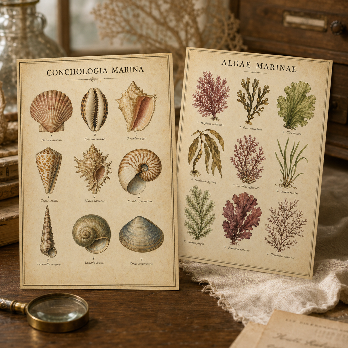 Vier digitale Vintage-Postkarten mit Muscheln, Algen, Korallen, Seesternen und Meeresfischen im historischen Museumsstil.