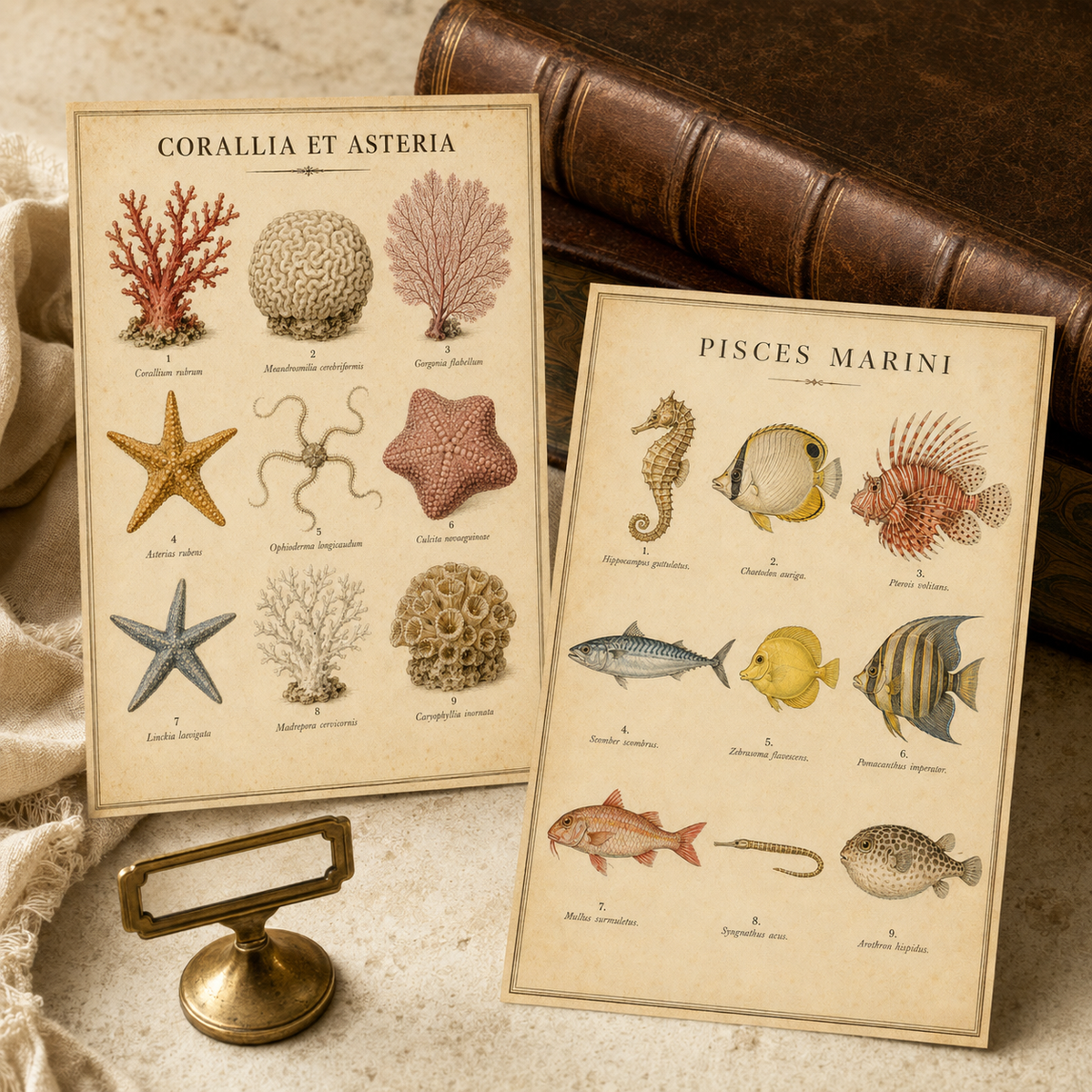 Historische Meerespostkarten im DIN-A6-Format mit nummerierten Naturillustrationen auf cremefarbenem Papier.