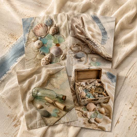 Nostalgische digitale Postkarten mit Muscheln, Seeglas und Treibholz im Vintage-Stil