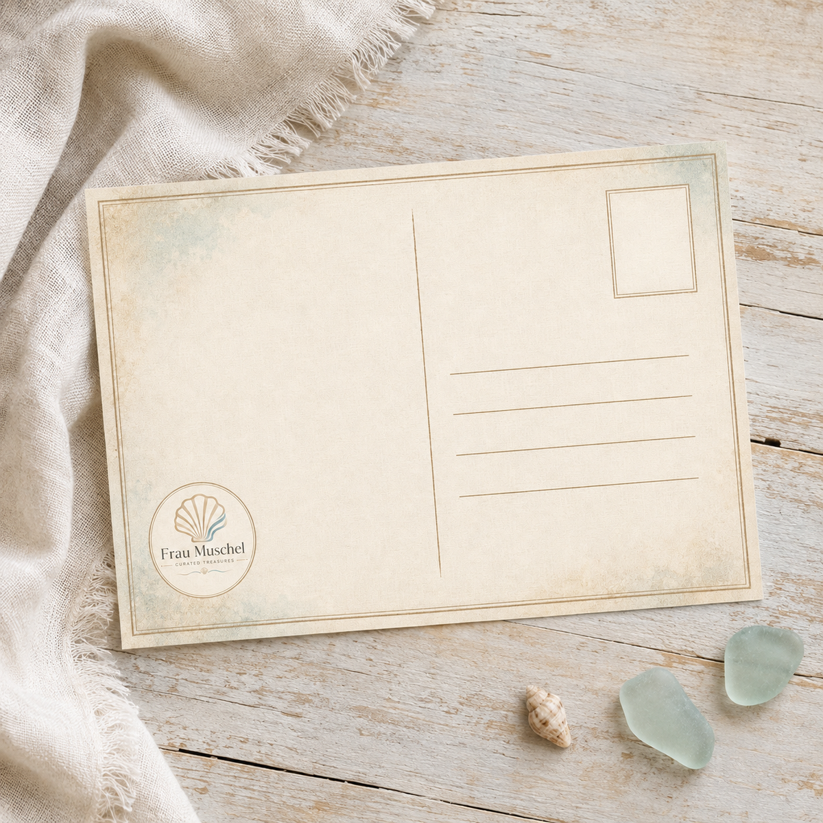 Vintage coastal postcards featuring shells, sea glass and nostalgic beach treasures