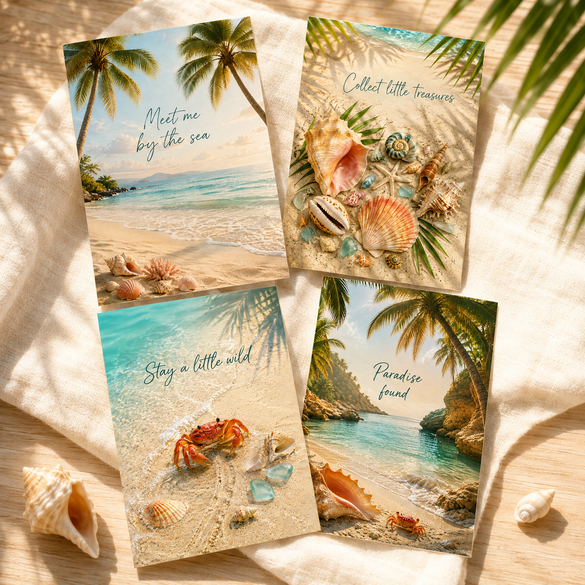Vier digitale Postkarten mit Palmen, Muscheln und tropischen Strandmotiven