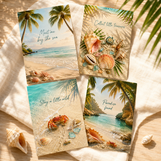 Vier digitale Postkarten mit Palmen, Muscheln und tropischen Strandmotiven