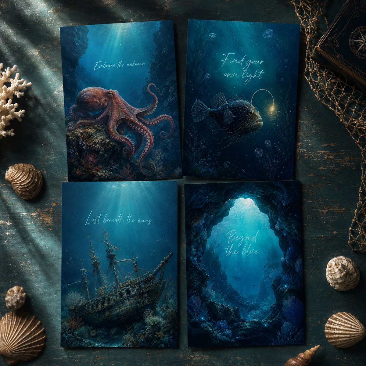 Vier digitale Postkarten mit Oktopus, Anglerfisch und geheimnisvollen Tiefseemotiven