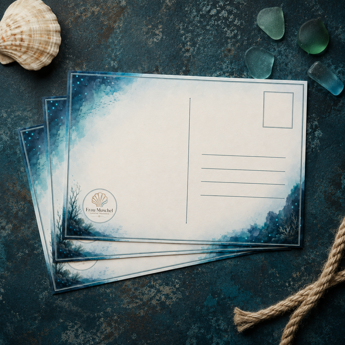 Mystical deep-sea postcards featuring an octopus, anglerfish, sunken ship and underwater cave