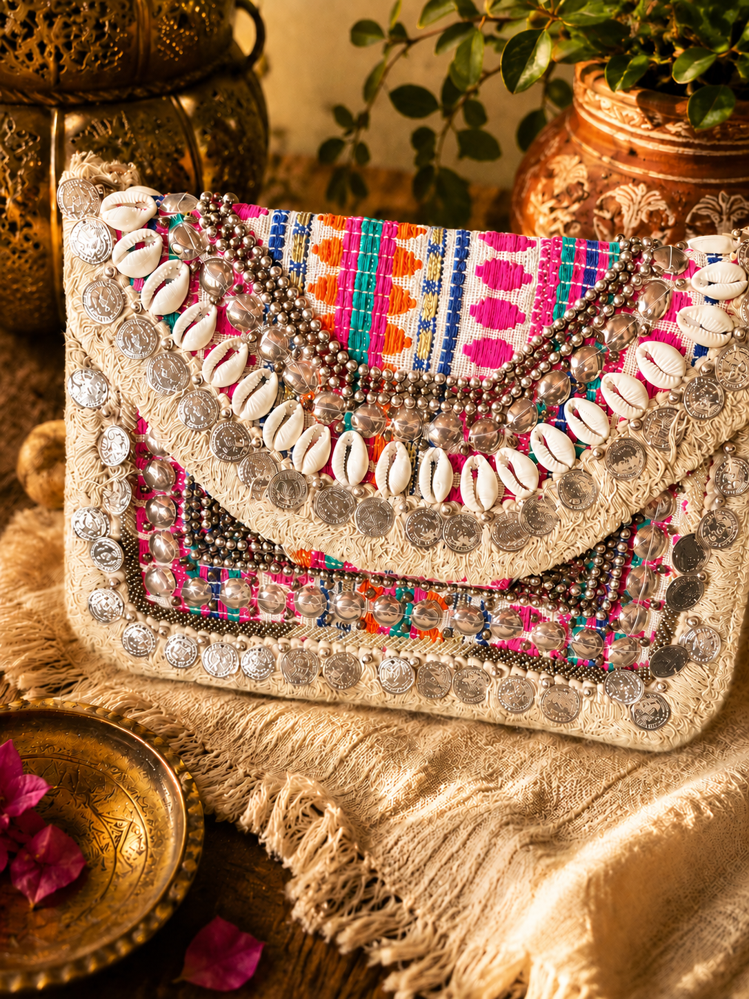 Indische Boho-Schultertasche mit aufwendigen Verzierungen und Druckknopfverschluss.
