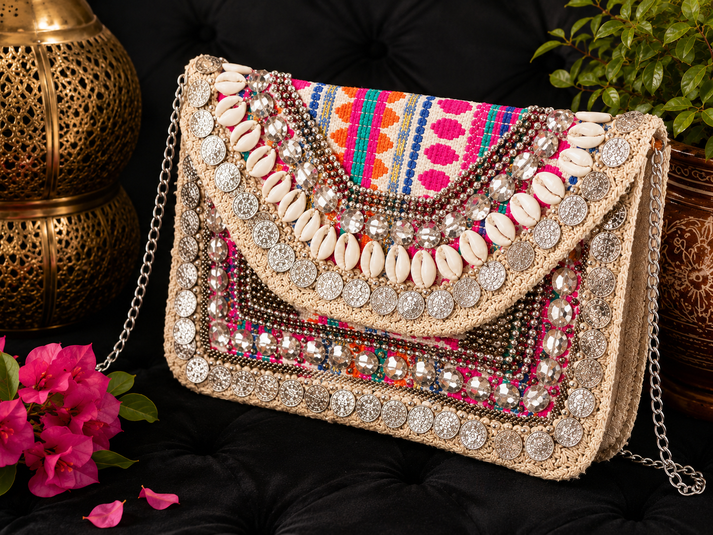 Handgefertigte Boho-Umhängetasche aus Indien mit Kaurimuscheln und Metallmünzen.