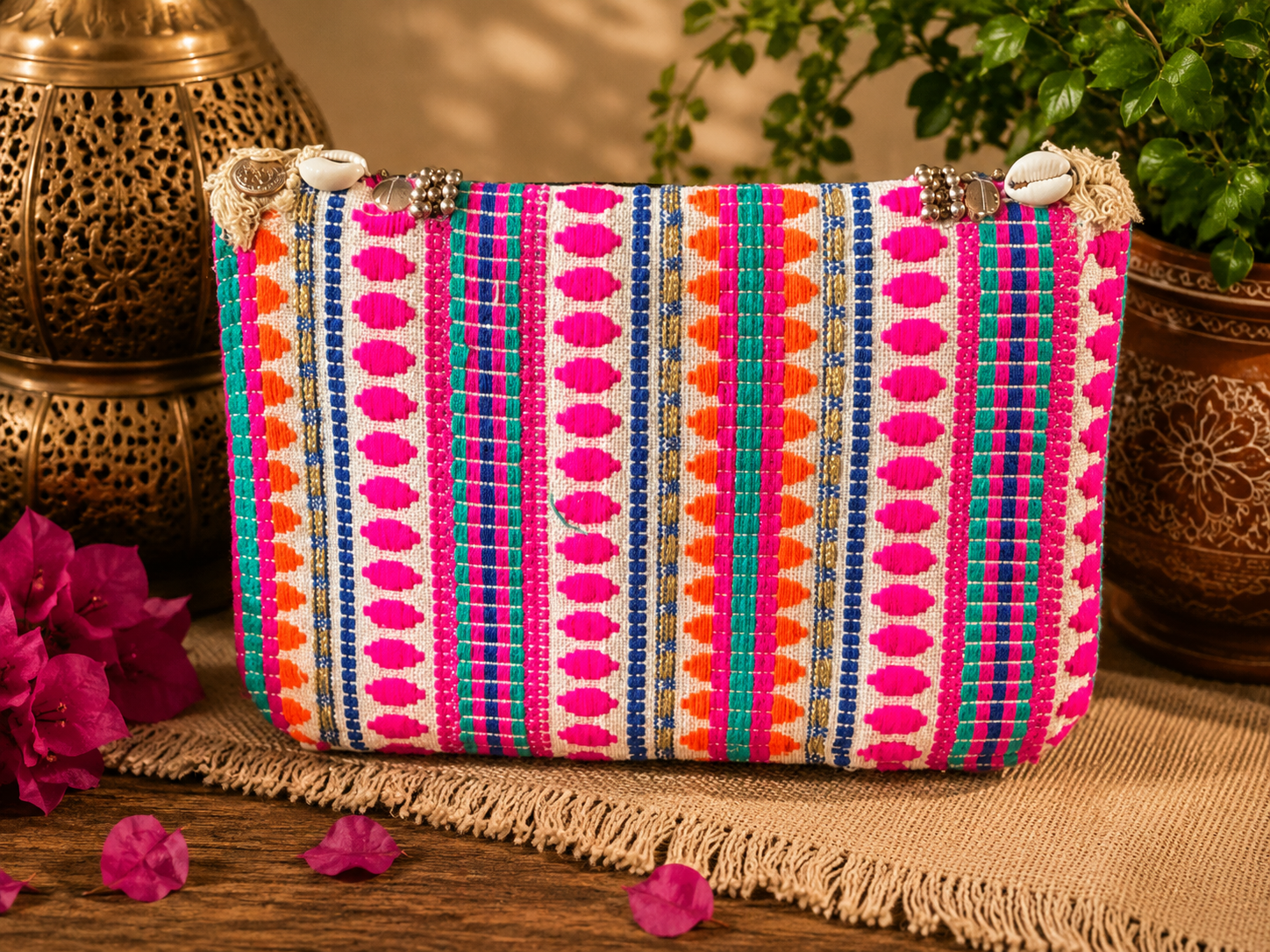 Boho-Tasche mit traditionellem indischen Gewebe, Münzen und Muschelverzierungen.