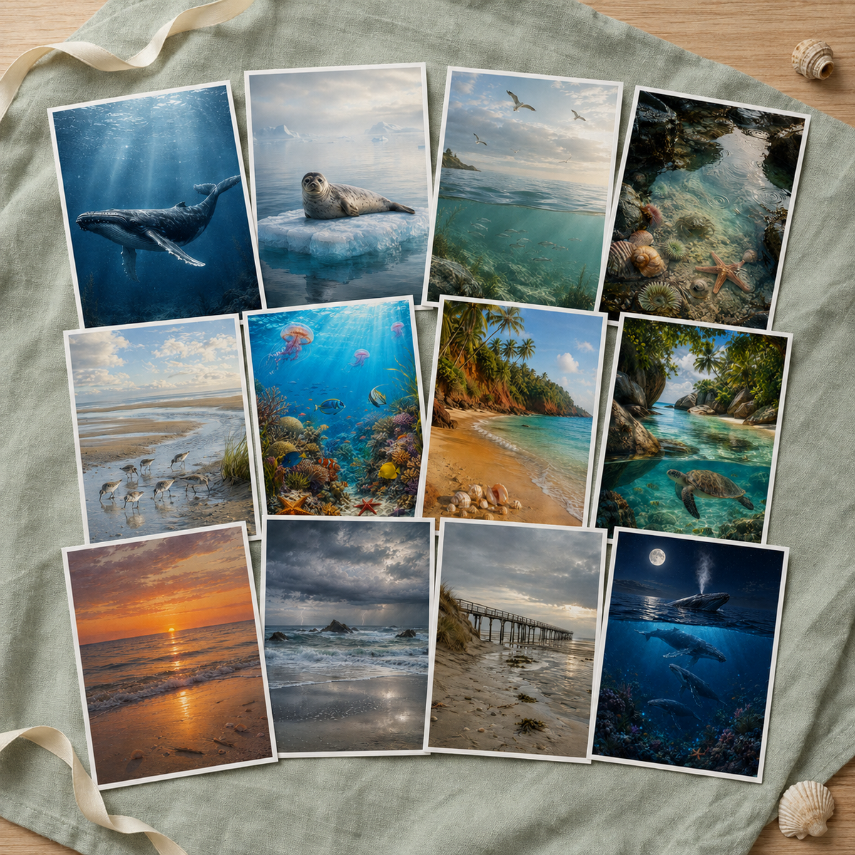 Jahres-Postkartenset mit zwölf unterschiedlichen Meeresmotiven im druckbaren A6-Format.