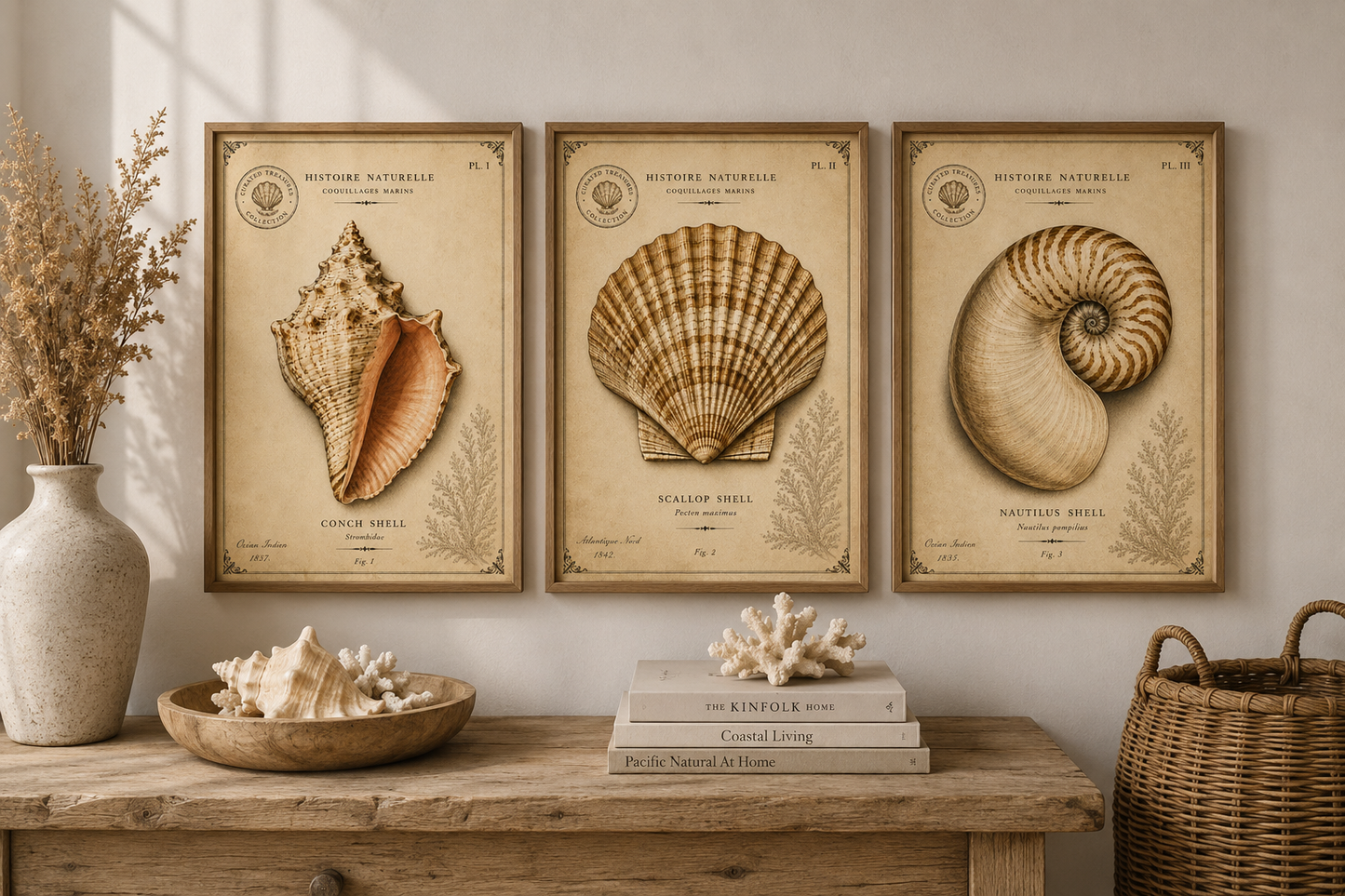 Vintage Muschel Poster Set mit drei historischen Muschelillustrationen im Naturkundestil als digitaler Download.