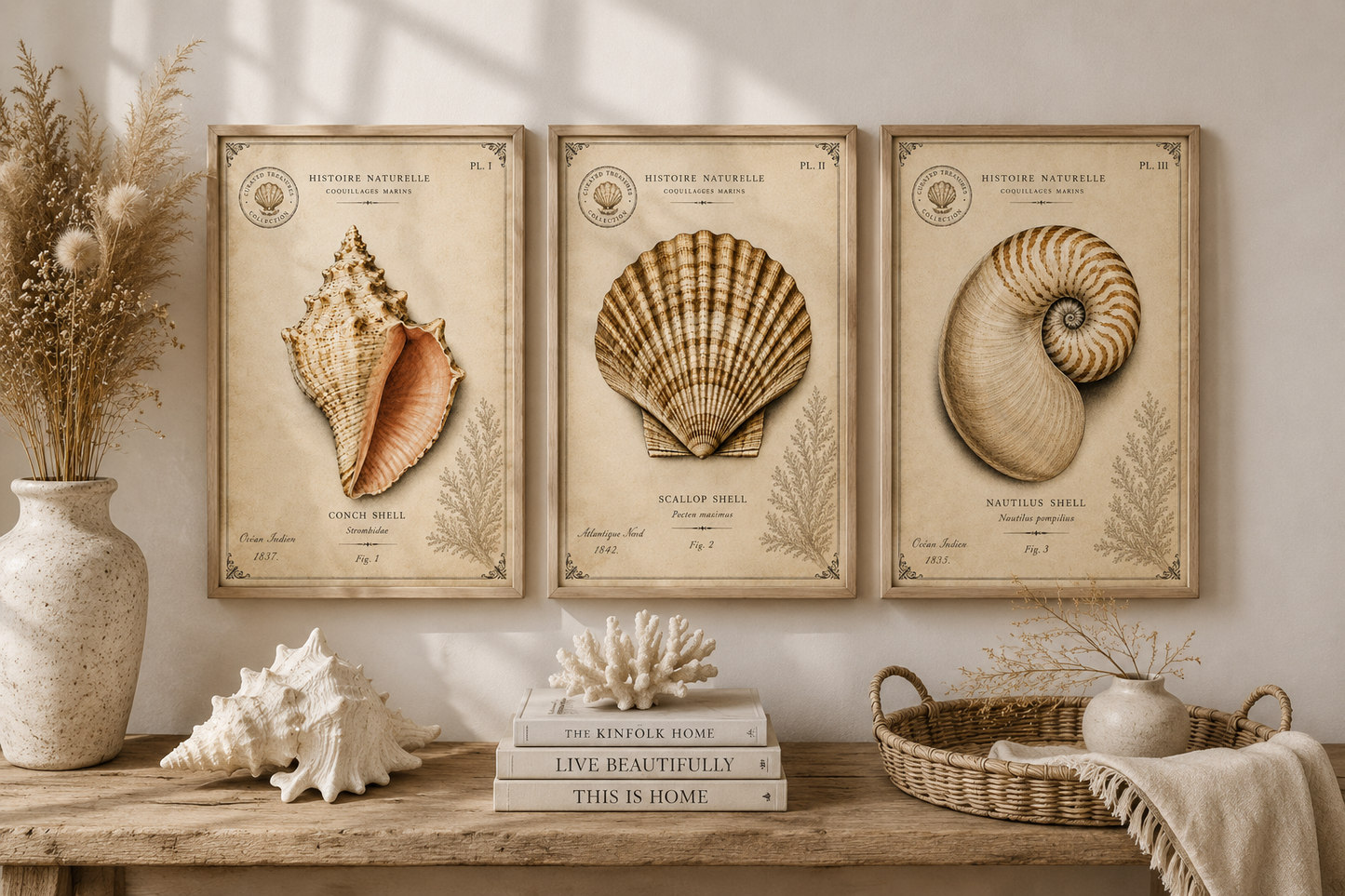 Maritime Wandbilder mit Conch-, Scallop- und Nautilus-Muschel in hellen Holzrahmen als Coastal Home Decor.