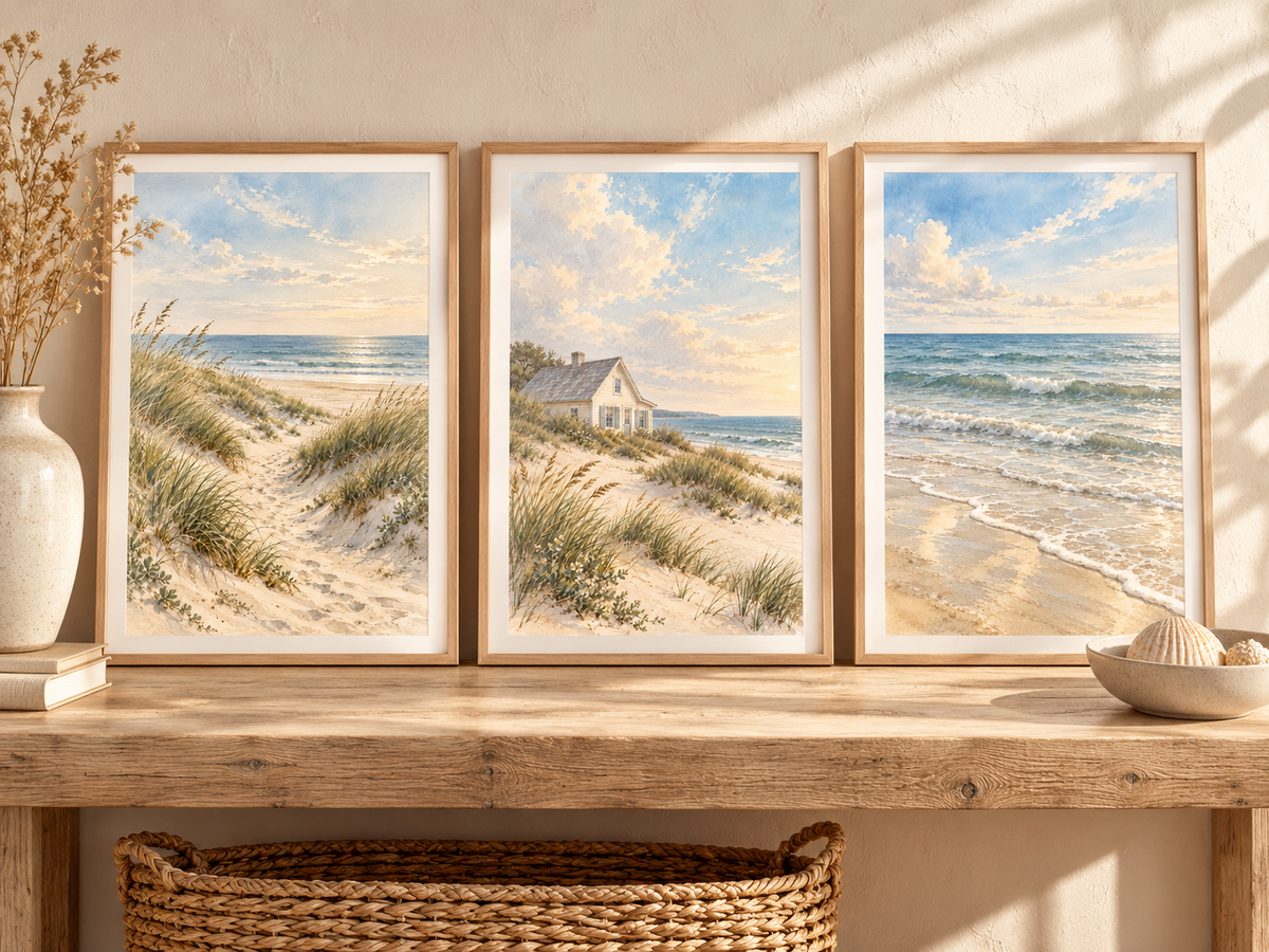 Set of three coastal watercolor prints featuring a dune path, beach cottage and ocean view
