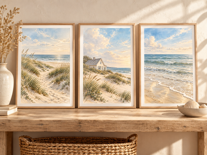 Set of three coastal watercolor prints featuring a dune path, beach cottage and ocean view