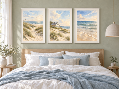 Drei maritime Aquarell-Poster mit Dünenweg, Strandhaus und Meerblick. 3er-Set zum Download.