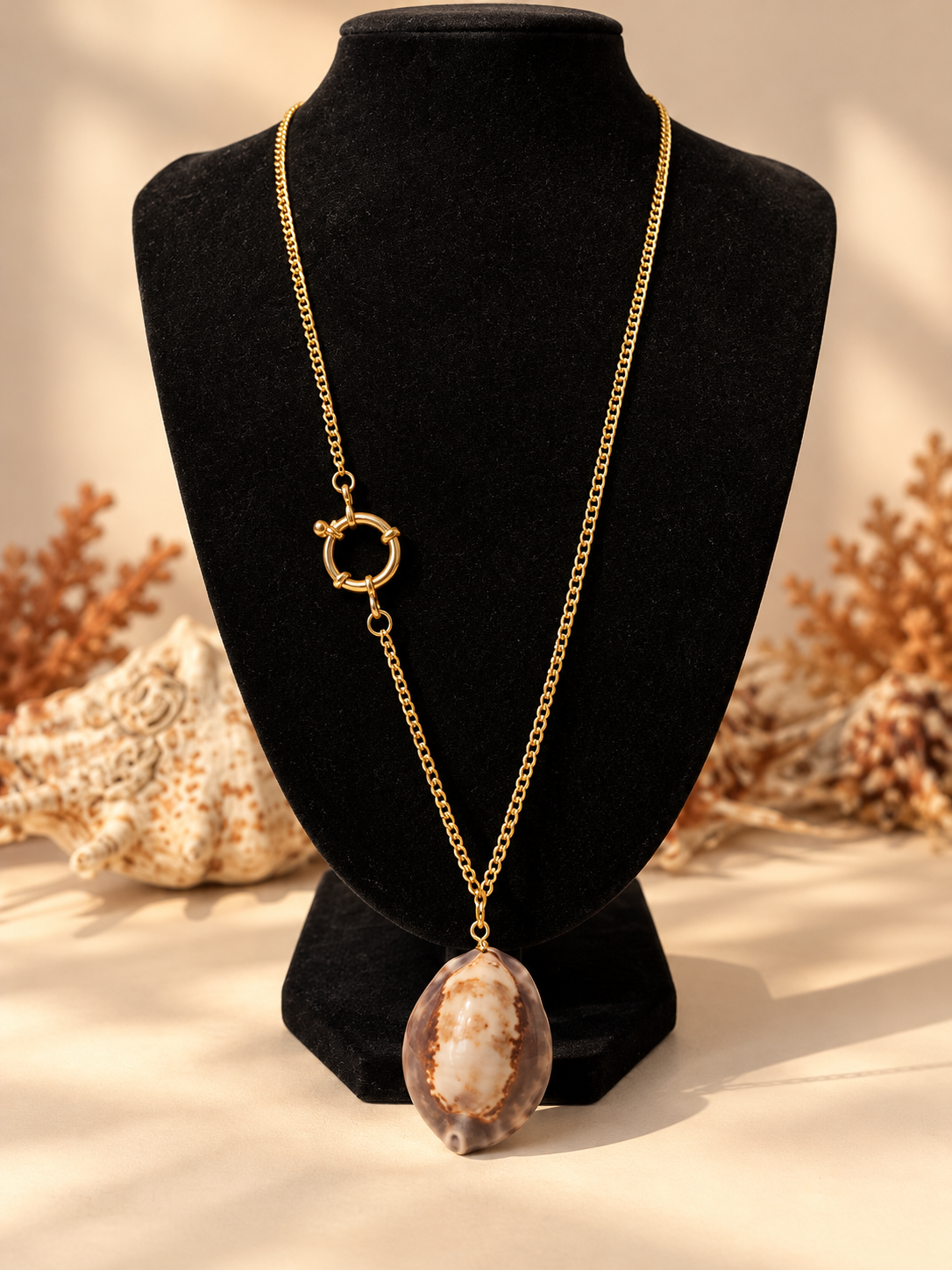 Kaurimuschel Kette Gold – Handgemachte Halskette mit Ringverschluss | Golden Cowrie