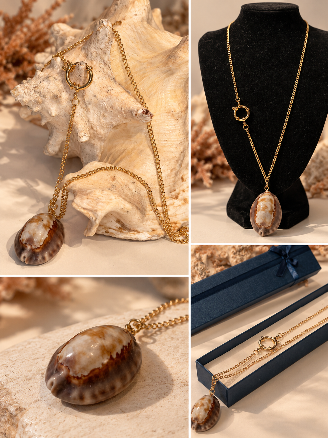 Kaurimuschel Kette Gold – Handgemachte Halskette mit Ringverschluss | Golden Cowrie