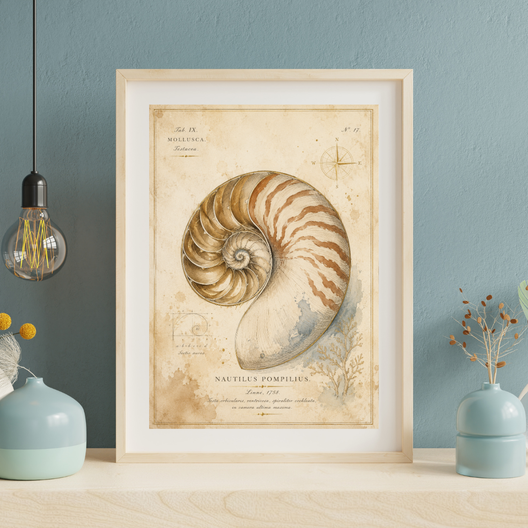 Drei maritime Vintage-Wandbilder mit Nautilus, Seefächer-Koralle und Muschel auf antikem Papier im Naturkunde-Stil zum Ausdrucken.
