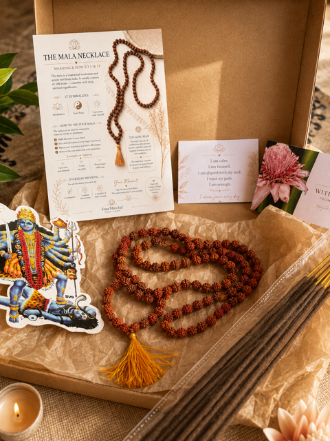 Spirituelle Geschenkbox aus Indien mit Mala Kette, Nag Champa Räucherstäbchen und Indien Sticker