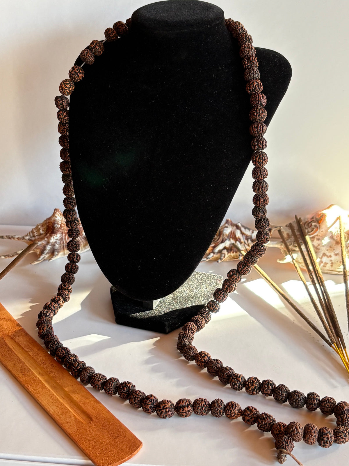 Goa and Pune Indian Treasures Set with natural Rudraksha seed necklace, Nag Champa incense and wooden holder